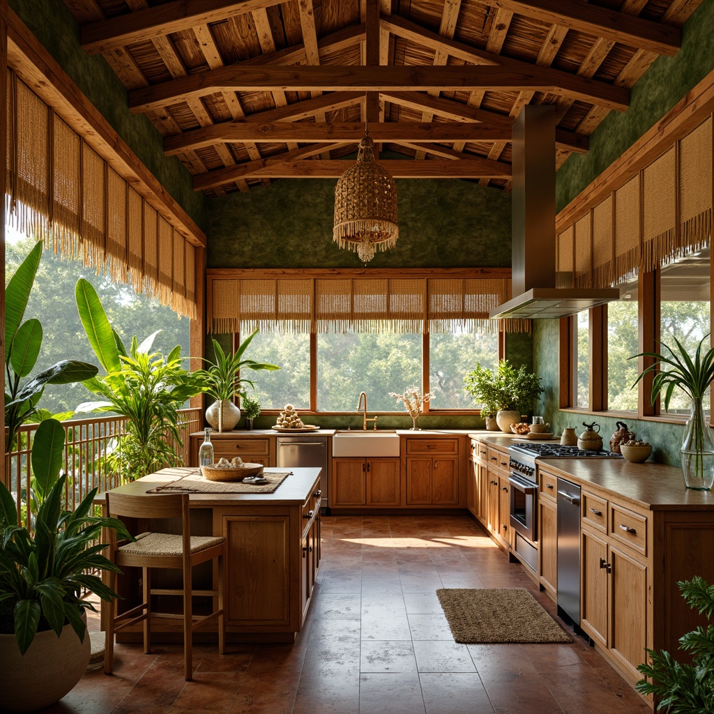 Prompt: Tropical kitchen, warm wooden tones, exotic wood grains, woven rattan details, natural textures, earthy color palette, lush greenery, island-inspired cabinetry, distressed finishes, bamboo accents, woven fibers, organic shapes, soft golden lighting, 3/4 composition, shallow depth of field, realistic reflections.