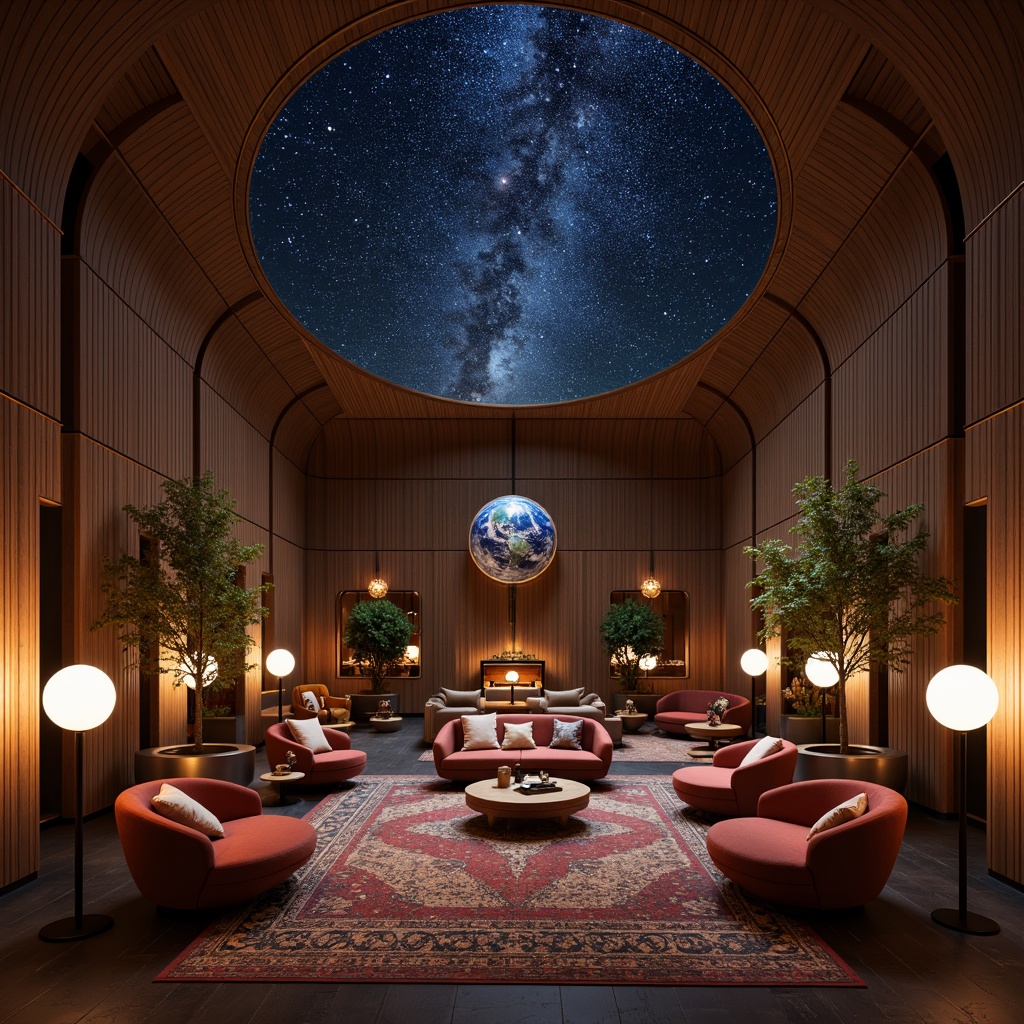 Prompt: Celestial planetarium, starry night sky, mid-century modern furniture, curved lines, organic shapes, walnut wood tones, tufted upholstery, velvet fabrics, brass accents, geometric patterns, minimal ornamentation, functional design, comfortable seating, spherical lighting fixtures, ambient glow, 1/1 composition, shallow depth of field, soft warm lighting, realistic textures.