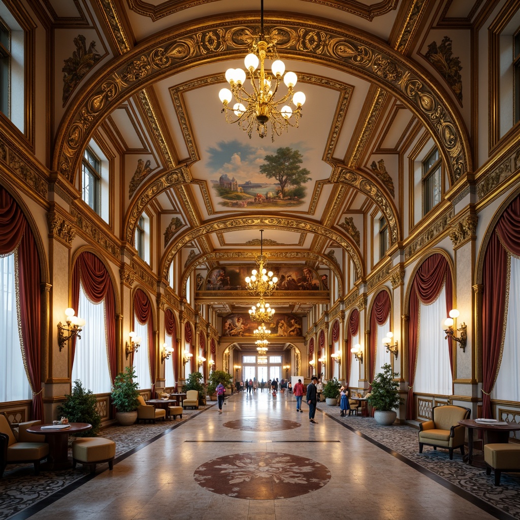 Prompt: Opulent train station, grandiose architecture, intricately carved decorations, gilded accents, ornate moldings, sweeping archways, delicate filigree patterns, pastel-colored frescoes, crystal chandeliers, marble floors, velvet drapes, antique furniture, luxurious textiles, soft warm lighting, shallow depth of field, 1/2 composition, panoramic view, realistic textures, ambient occlusion.