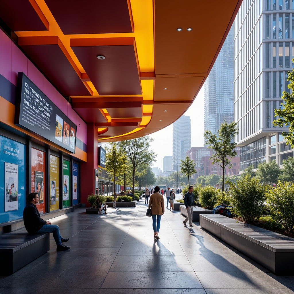 Prompt: Vibrant bus station, modern architecture, curved lines, bright LED lighting, bold color scheme, energetic atmosphere, urban landscape, city streets, morning commute, rush hour bustle, dynamic signage, digital displays, sleek metal benches, polished concrete floors, greenery accents, calming ambiance, natural light pouring in, shallow depth of field, 1/2 composition, warm and inviting colors, creamy whites, deep blues, energetic oranges, muted yellows, soft pinks, realistic textures, ambient occlusion.