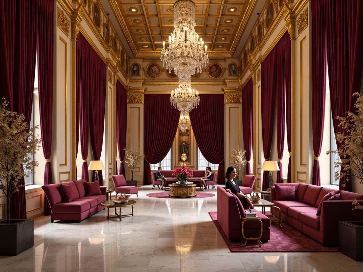 Prompt: Rich velvet drapes, ornate gold accents, luxurious marble floors, dramatic high ceilings, lavish crystal chandeliers, intricate wood carvings, warm beige walls, opulent jewel-toned furnishings, regal red and purple hues, soft golden lighting, subtle shadowing, 1/2 composition, realistic reflections, atmospheric perspective.