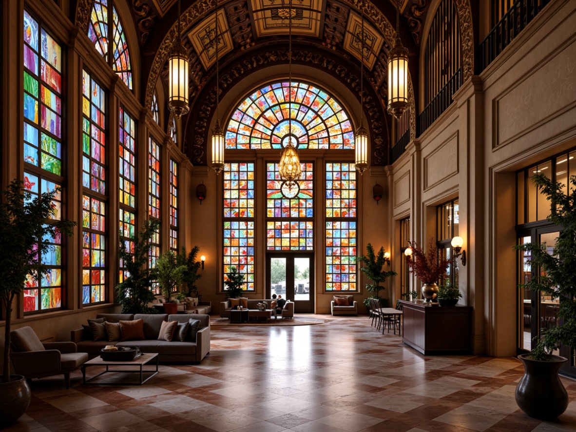 Prompt: Vibrant stained glass windows, kaleidoscope patterns, warm colorful hues, ornate metal frameworks, grand entrance halls, high ceilings, marble floors, intricate mosaics, majestic chandeliers, luxurious furnishings, stately columns, elegant archways, sophisticated color schemes, refined textures, dramatic lighting effects, shallow depth of field, 1/2 composition, symmetrical view, realistic reflections, ambient occlusion.