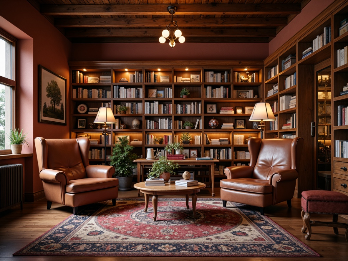 Prompt: Cozy bookstore interior, warm wooden shelves, rich leather armchairs, vintage book collections, soft warm lighting, earthy color tones, terracotta walls, comfortable reading nooks, plush area rugs, elegant wooden tables, rustic metal lamps, classic literature displays, serene atmosphere, shallow depth of field, 2/3 composition, natural textures, ambient occlusion.