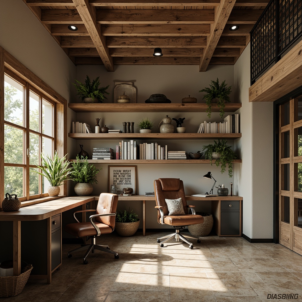 Prompt: Durable home office, wooden desk, leather chair, metal shelving units, natural stone flooring, earthy color palette, warm soft lighting, comfortable ergonomic furniture, minimalist decor, abundant storage space, organized workstations, inspirational quotes, framed artwork, green plants, subtle texture variations, 1/1 composition, shallow depth of field, realistic rendering.