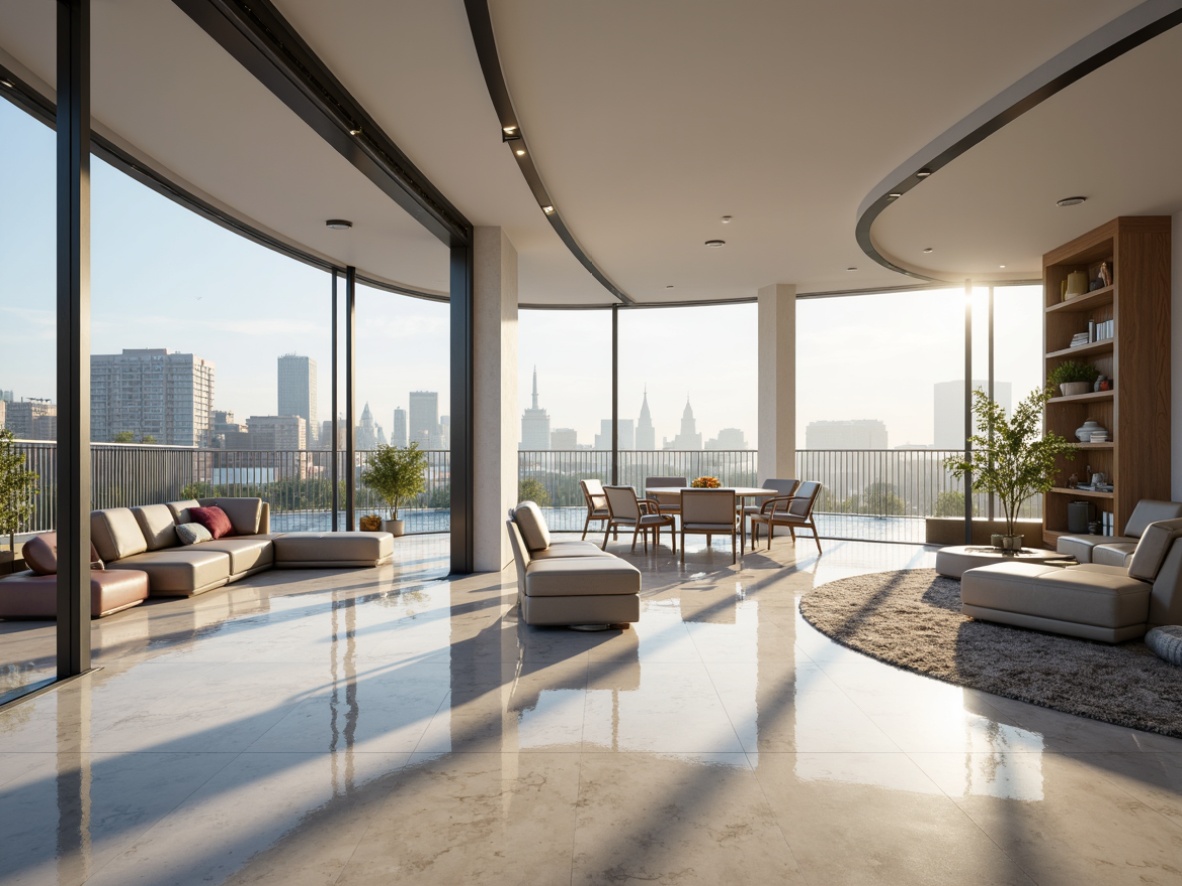 Prompt: Curved lines, minimalist decor, sleek metal accents, polished marble floors, floor-to-ceiling windows, sliding glass doors, open-plan living areas, modular furniture, built-in shelving units, indirect lighting, soft pastel colors, textured rugs, urban cityscape views, morning sunlight, shallow depth of field, 3/4 composition, panoramic view, realistic reflections, ambient occlusion.