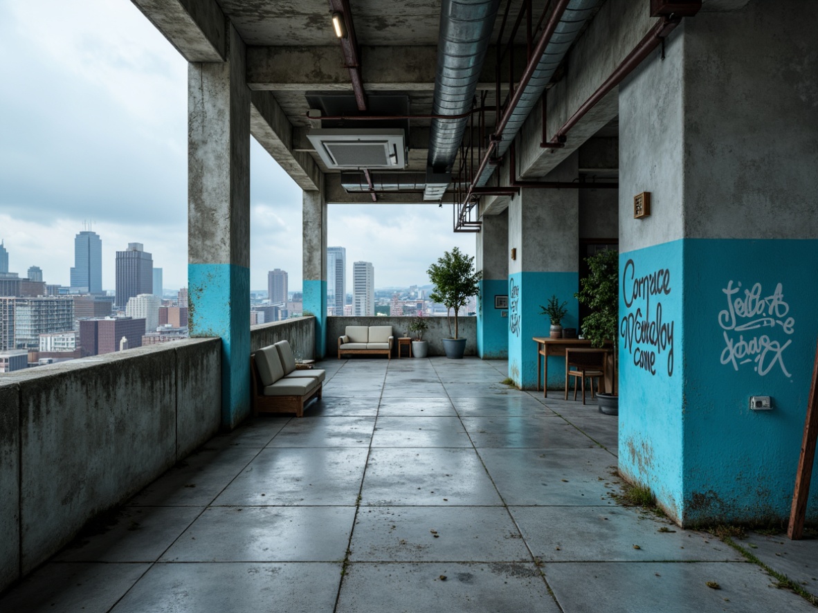 Prompt: Rugged brutalist architecture, light blue accents, raw concrete textures, industrial metal beams, minimalist furnishings, urban cityscape background, overcast skies, dramatic shadows, high-contrast lighting, 1/2 composition, cinematic camera angle, moody atmosphere, subtle gradient effects, distressed finishes, graffiti-inspired patterns, exposed ductwork, functional pipes, brutalist typography.