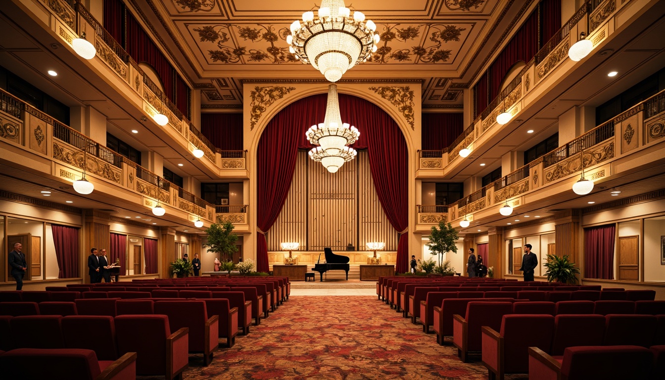 Prompt: Grand concert hall, ornate chandeliers, intricate wood carvings, luxurious velvet drapes, gilded moldings, sweeping staircases, opulent balconies, richly patterned rugs, polished marble floors, majestic high ceilings, dramatic lighting fixtures, warm golden hues, plush theater seating, intricately designed acoustic panels, lavish decorative screens, grand pianos, refined architectural details, symmetrical compositions, shallow depth of field, 1/2 composition, soft warm lighting.