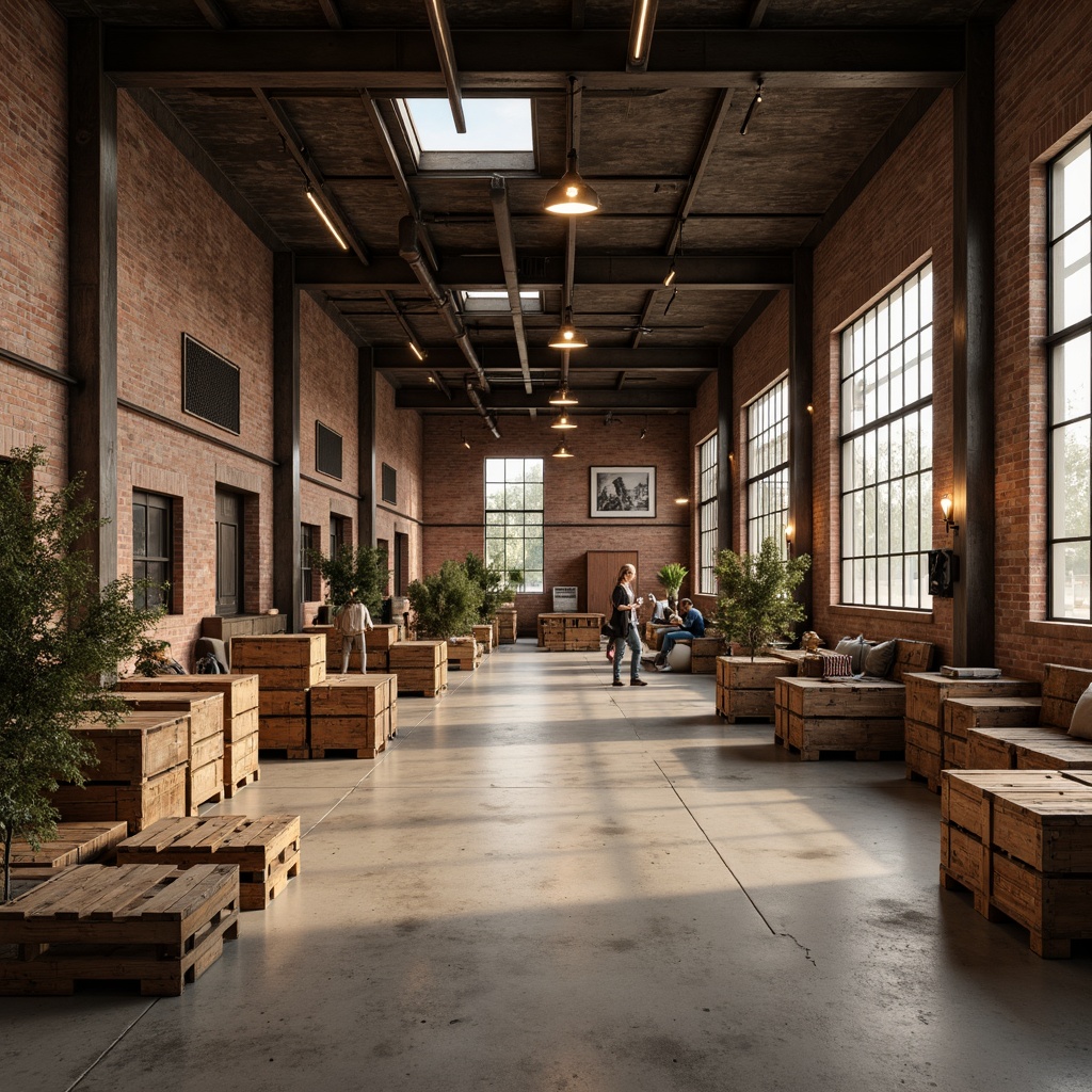 Prompt: Rustic distribution center, open layout, wooden crates, exposed brick walls, metal beams, industrial lighting, concrete floors, earthy tones, natural textiles, reclaimed wood accents, vintage machinery, distressed finishes, rough-hewn stones, overhead cranes, functional pipes, minimalist decor, warm ambient lighting, soft focus, 1/2 composition, wide-angle lens, realistic textures.