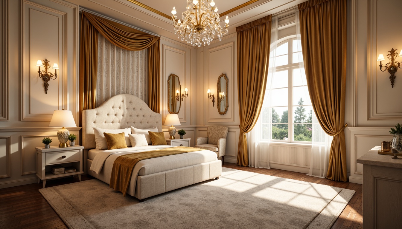 Prompt: Opulent baby room, Art Deco style, luxurious fabrics, velvet drapes, golden accents, crystal chandeliers, soft warm lighting, table lamps, floor lamps, sconces, ornate mirrors, plush area rugs, wooden crib, delicate lace curtains, creamy whites, pastel hues, gentle glow, cozy ambiance, intimate setting, 1/2 composition, shallow depth of field, realistic textures.