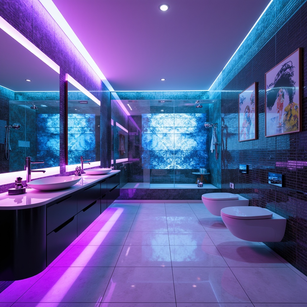 Prompt: Futuristic bathroom, neon-lit mirrors, iridescent glass tiles, holographic patterns, metallic silver fixtures, LED lighting strips, crystal-clear shower doors, sleek black countertops, high-gloss white cabinets, minimalist sink basins, wall-mounted toilets, rainfall showerheads, chromatic color scheme, gradient blue walls, electric purple accents, cyberpunk-inspired decor, 3D-printed accessories, ambient lighting, shallow depth of field, panoramic view.