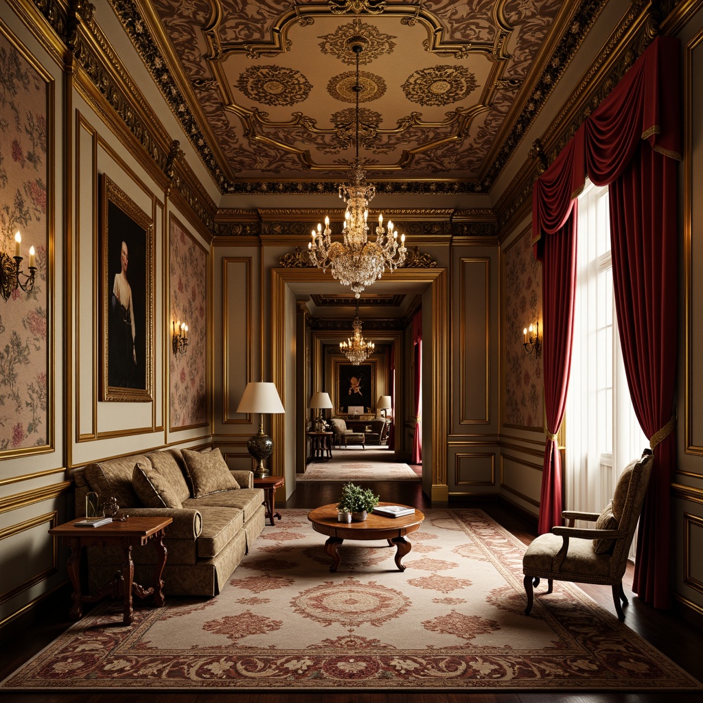 Prompt: Opulent storage rooms, ornate moldings, Rococo style, gilded details, curved lines, intricate carvings, lavish furnishings, luxurious fabrics, velvet drapes, golden accents, crystal chandeliers, soft warm lighting, shallow depth of field, 3/4 composition, panoramic view, realistic textures, ambient occlusion.