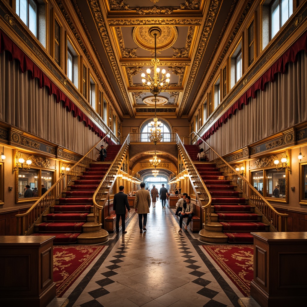 Prompt: Opulent train station, ornate golden detailing, intricate carvings, grandiose chandeliers, sweeping staircases, lavish furnishings, velvet drapes, Baroque-inspired architecture, soft warm lighting, shallow depth of field, 3/4 composition, panoramic view, realistic textures, ambient occlusion, luxurious materials, marble floors, gilded accents, ornate mirrors, frescoed ceilings, grand entrances, bustling atmosphere, vibrant colors, eclectic patterns, whimsical ornaments.