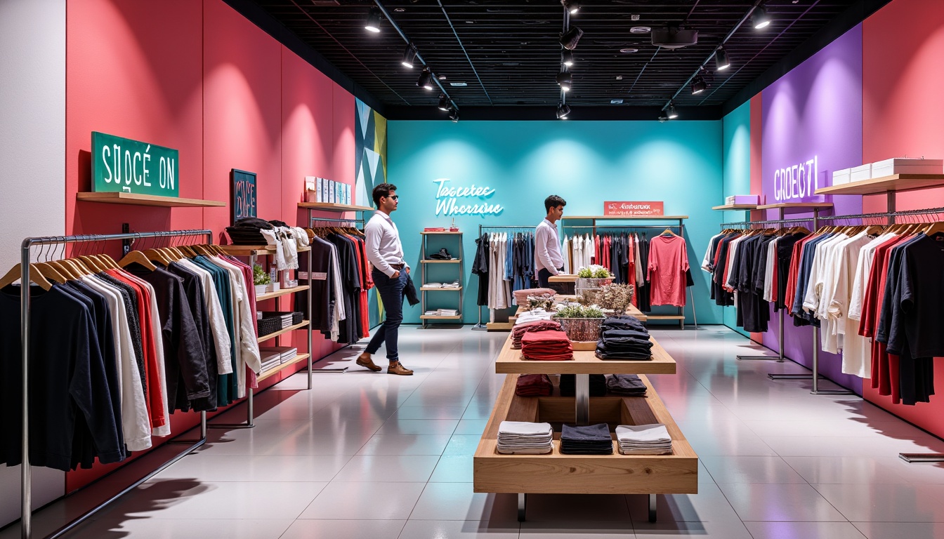 Prompt: Vibrant retail store, trendy clothing racks, modern shelving units, bold neon signs, glossy floors, sleek metal fixtures, geometric patterned walls, pastel-colored accents, softbox lighting, shallow depth of field, 1/2 composition, realistic textures, ambient occlusion.