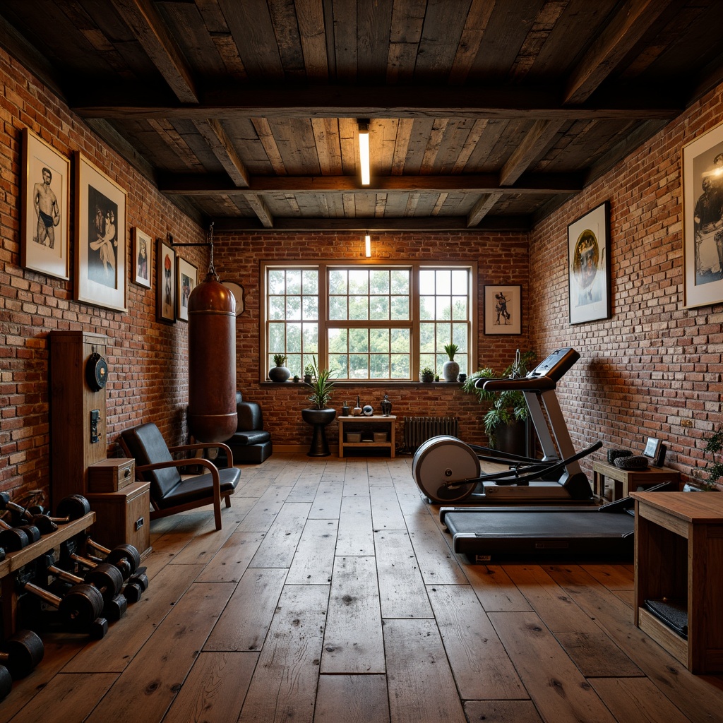 Prompt: Rustic home gym, wooden flooring, distressed brick walls, vintage exercise equipment, metal dumbbells, leather-bound weights, traditional treadmill, wooden rowing machine, old-school punching bag, boxing gloves, nostalgic sports posters, warm ambient lighting, soft focus, shallow depth of field, 1/1 composition, realistic textures, subtle grain effect.