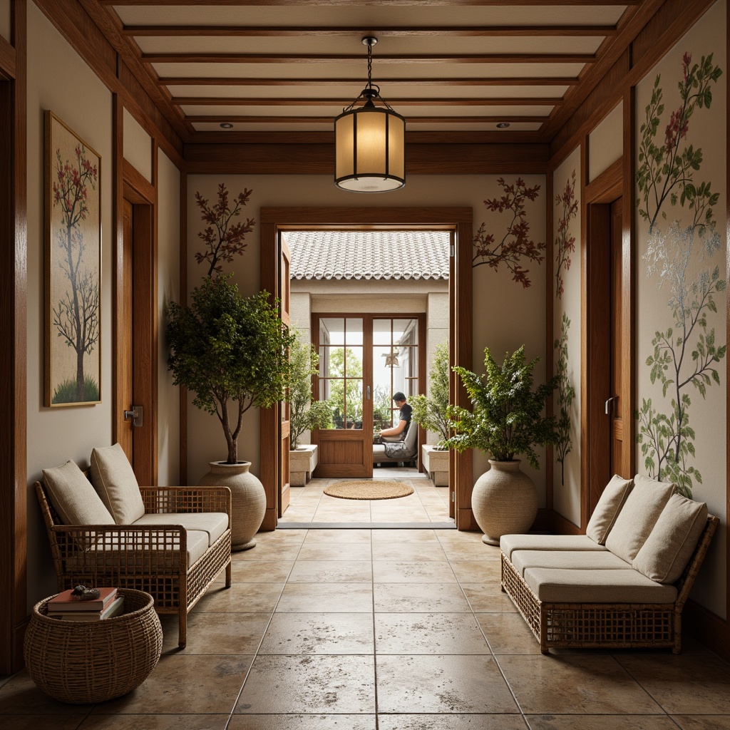 Prompt: Asian-inspired entryway, natural stone flooring, wooden accents, subtle lighting, paper lanterns, woven bamboo furniture, hand-painted murals, intricately carved wood panels, richly textured fabrics, warm beige tones, earthy color palette, minimalist decor, ornate metalwork, delicate cherry blossom patterns, soft diffused light, 1/1 composition, shallow depth of field, realistic textures, ambient occlusion.