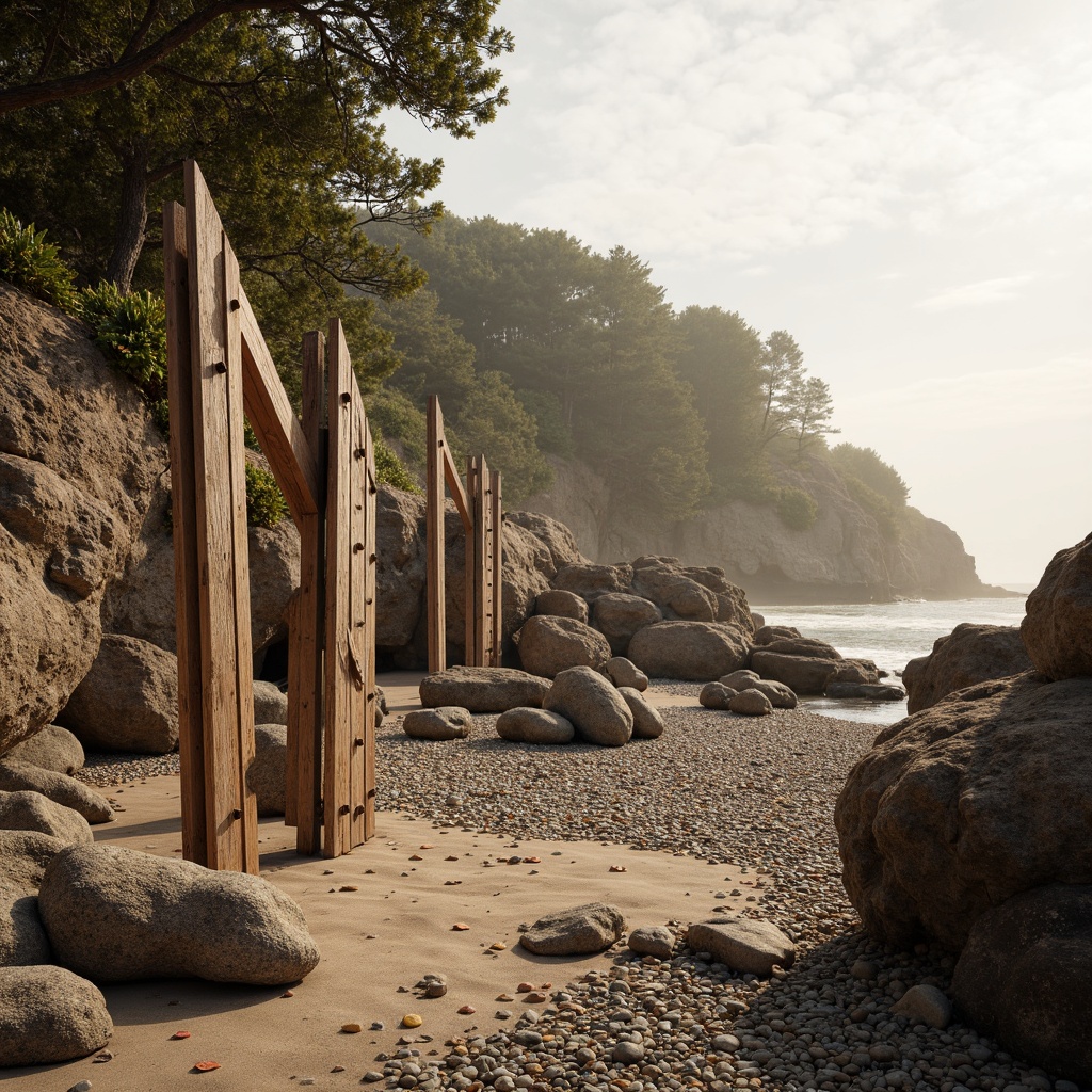 Prompt: Rugged coastal cliffs, weathered wooden planks, driftwood sculptures, ocean-worn pebbles, sea-eroded rocks, sandy dunes, beachy pathways, nautical ropes, rusty metal accents, distressed finishes, reclaimed wood textures, salty air, misty mornings, soft golden lighting, cinematic composition, dramatic depth of field, realistic weathering effects.