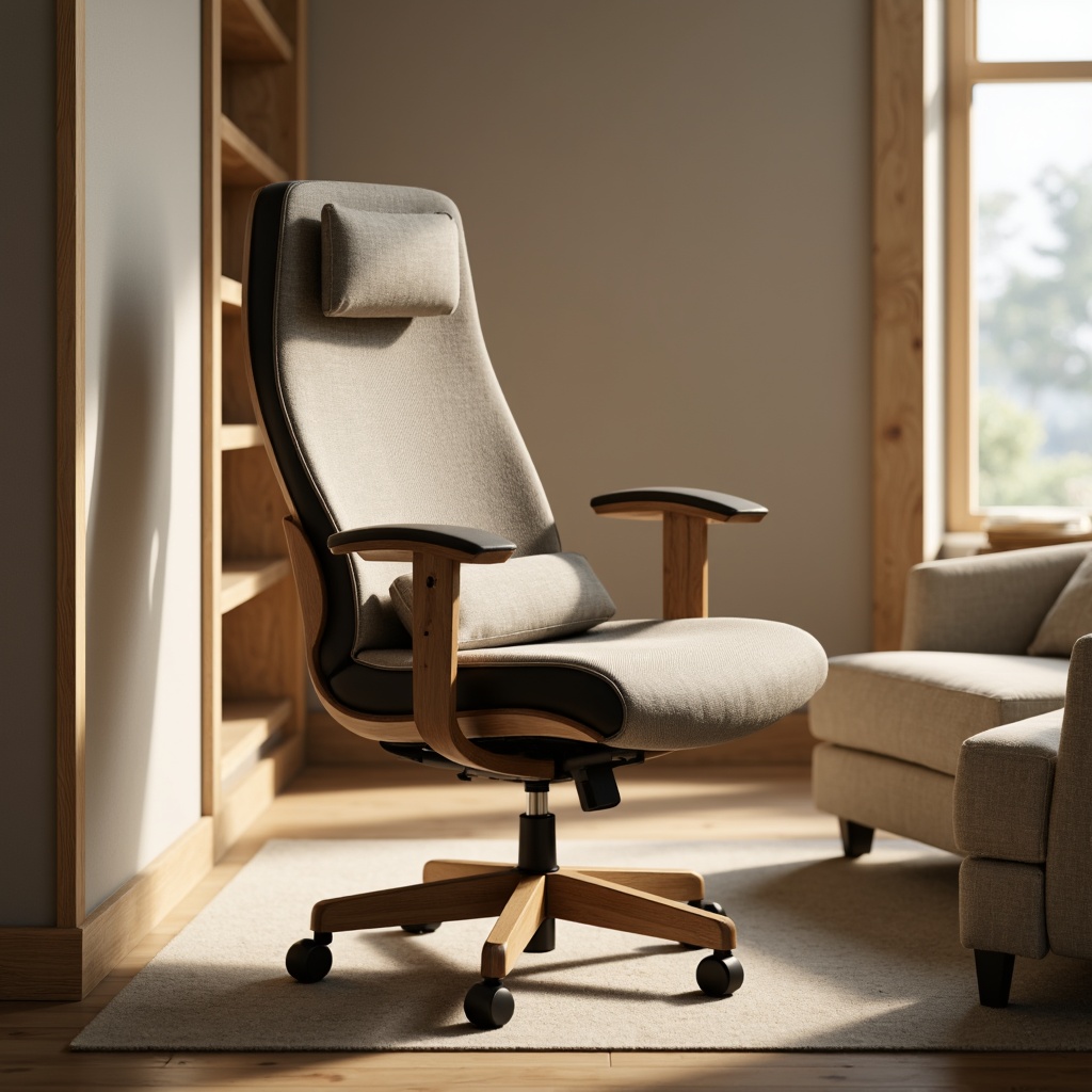 Prompt: Ergonomic office chair, adjustable headrest, breathable mesh fabric, soft cushions, wooden legs, minimalist design, natural oak wood, warm beige color, cozy atmosphere, relaxing ambiance, comfortable seating, soothing lighting, ambient shadows, subtle textures, 3/4 composition, shallow depth of field, realistic rendering, modern interior style.