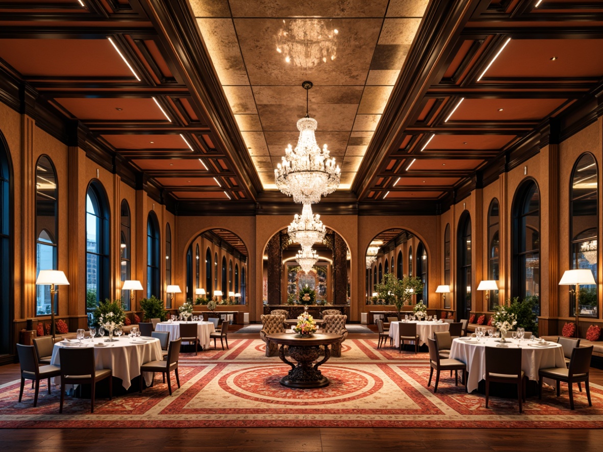 Prompt: Luxurious dining hall, opulent chandeliers, intricately patterned rugs, richly polished wooden floors, ornate mirrors, metallic accents, geometric shapes, bold color schemes, lavish textiles, velvet drapes, curved lines, angular forms, decorative inlays, exotic wood veneers, glamorous lighting fixtures, retro-futuristic flair, symmetrical compositions, high-contrast colors, dramatic shadows, 1-point perspective, ornate furniture legs, luxurious upholstery, metallic leafing, beveled edges.