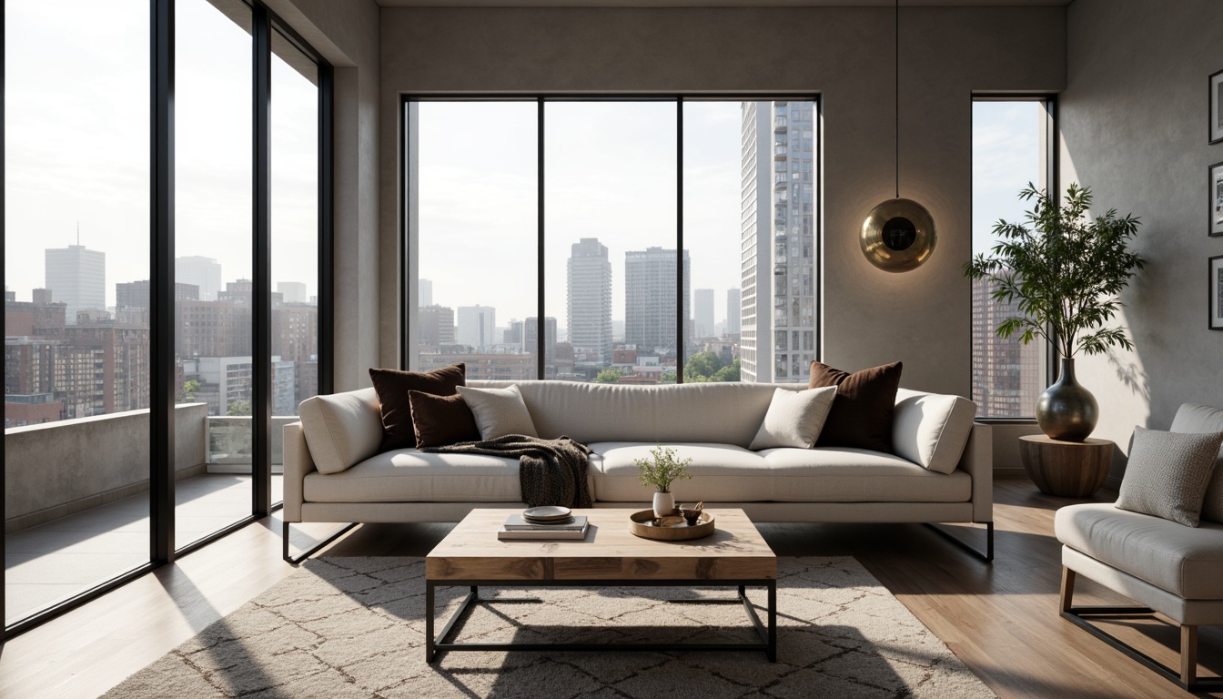 Prompt: Modern minimalist living room, sleek low-profile sofa, reclaimed wood coffee table, industrial metal legs, velvet throw pillows, geometric patterned rug, floor-to-ceiling windows, urban cityscape view, natural light pouring in, airy open space, Scandinavian-inspired decor, monochromatic color scheme, textured wall accents, matte black metal frames, elegant pendant lighting, 1/1 composition, shallow depth of field, soft warm glow.