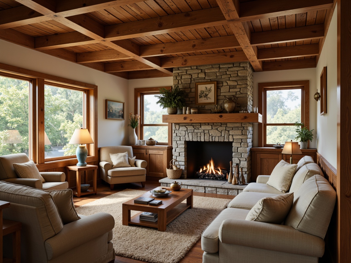 Prompt: Cozy craftsman interior, warm earthy tones, rich wood accents, stone fireplace, plush area rugs, comfortable seating, natural textiles, vintage decor, soft warm lighting, rustic wooden beams, classic architectural details, creamy whites, soothing grays, muted blues, warm beiges, inviting atmosphere, intimate scale, 1/1 composition, soft focus, realistic textures, ambient occlusion.