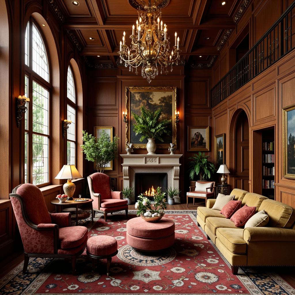 Prompt: Richly upholstered armchairs, intricately carved wooden frames, velvet sofas, ornate coffee tables, antique vases, luxurious fabrics, heavy drapery, grand chandeliers, ornamental mirrors, decorative wall sconces, patterned rugs, tufted ottomans, wooden paneling, stained glass windows, cozy fireplaces, warm golden lighting, 1/2 composition, shallow depth of field, realistic textures, ambient occlusion.