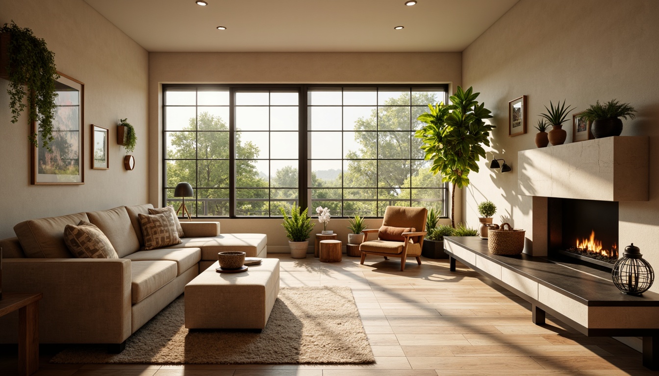 Prompt: Cozy living room, warm beige walls, rich brown furniture, soft cream accents, plush area rugs, natural wood floors, earthy tone decorations, vibrant green plants, floor-to-ceiling windows, abundance of natural light, warm ambient glow, shallow depth of field, 3/4 composition, realistic textures, ambient occlusion.