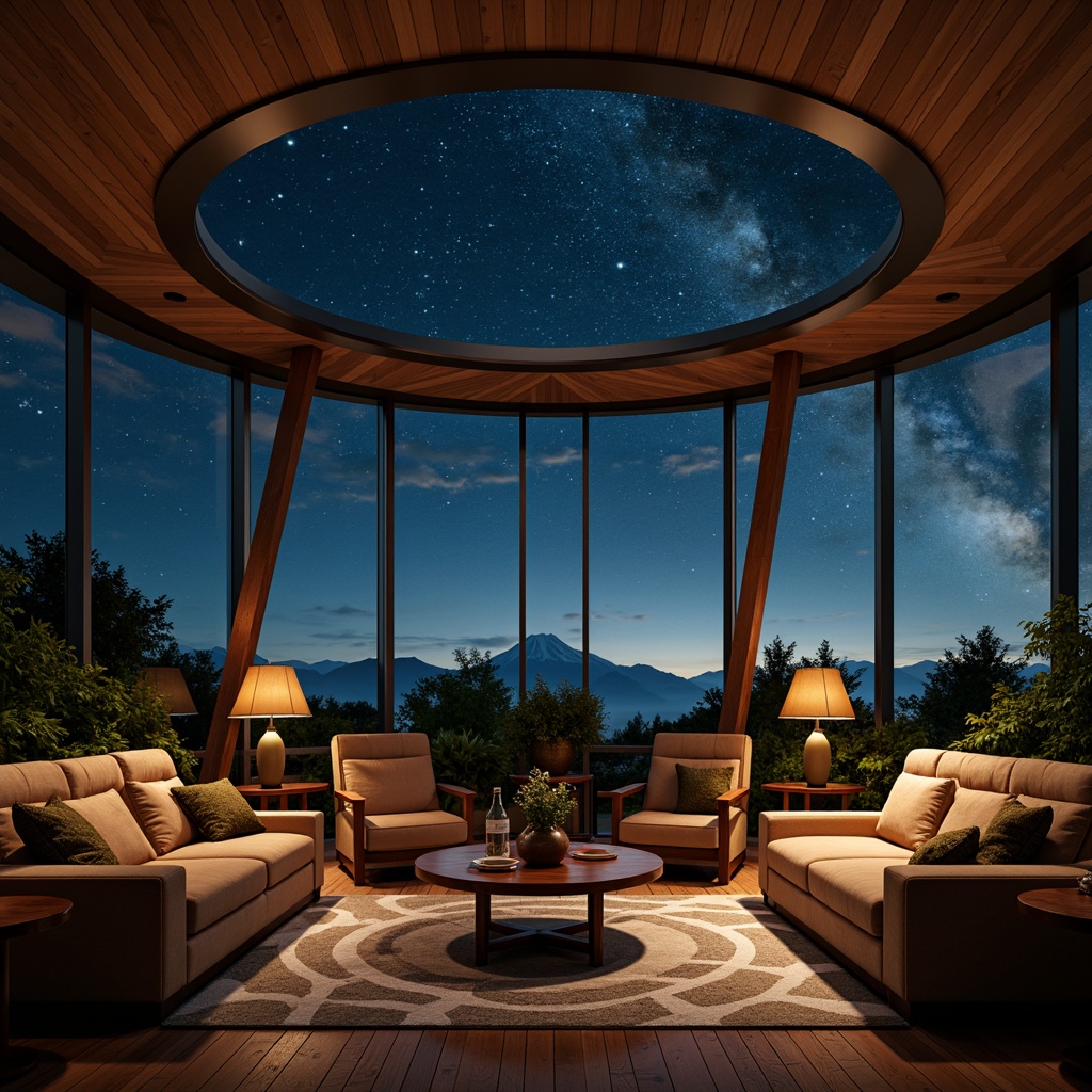 Prompt: Curved planetarium dome, starry night sky, mid-century modern furniture, sleek low-profile sofas, tufted velvet armchairs, walnut wood coffee tables, geometric patterned rugs, brass accent lighting, minimalist decor, retro-futuristic vibe, 3/4 composition, soft warm glow, shallow depth of field, realistic textures, ambient occlusion.