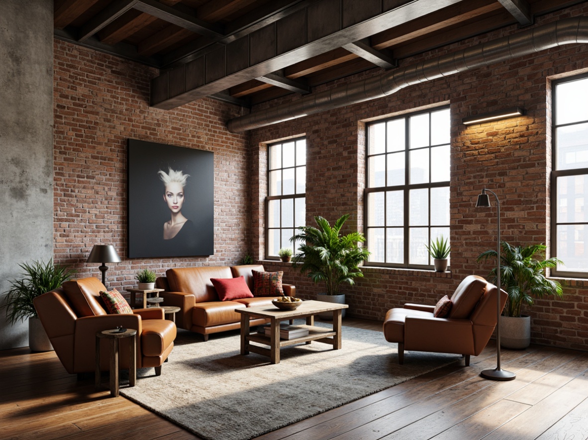 Prompt: Exposed brick walls, metal beams, reclaimed wood flooring, industrial-style lighting fixtures, distressed leather sofas, vintage factory chairs, metallic accents, minimalist decor, concrete textures, urban loft atmosphere, natural light pouring in, high ceilings, open floor plan, modern art pieces, geometric patterns, bold color schemes, abstract sculptures, edgy photography, rugged stone walls, steel windows, functional furniture, utilitarian chic aesthetic.