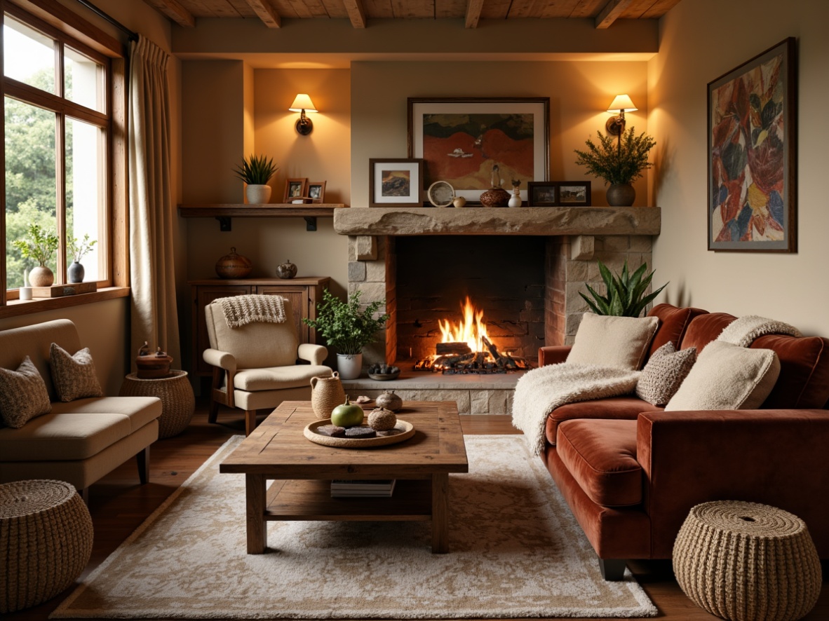 Prompt: Cozy living room, plush area rug, soft velvet sofa, warm beige walls, rustic wooden coffee table, crackling fireplace, woven baskets, natural fiber throw blankets, chunky knit pillows, earthy tone ceramics, ambient warm lighting, shallow depth of field, 1/2 composition, intimate atmosphere, realistic fabric textures.