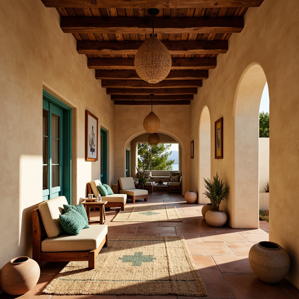 Prompt: Earthy Southwestern-style interior, warm beige stucco walls, rustic wooden beams, terracotta floor tiles, vibrant turquoise accents, woven wool textiles, natural fiber rugs, distressed leather furniture, earthy clay pottery, woven basket pendant lights, warm golden lighting, shallow depth of field, 1/1 composition, realistic textures, ambient occlusion.