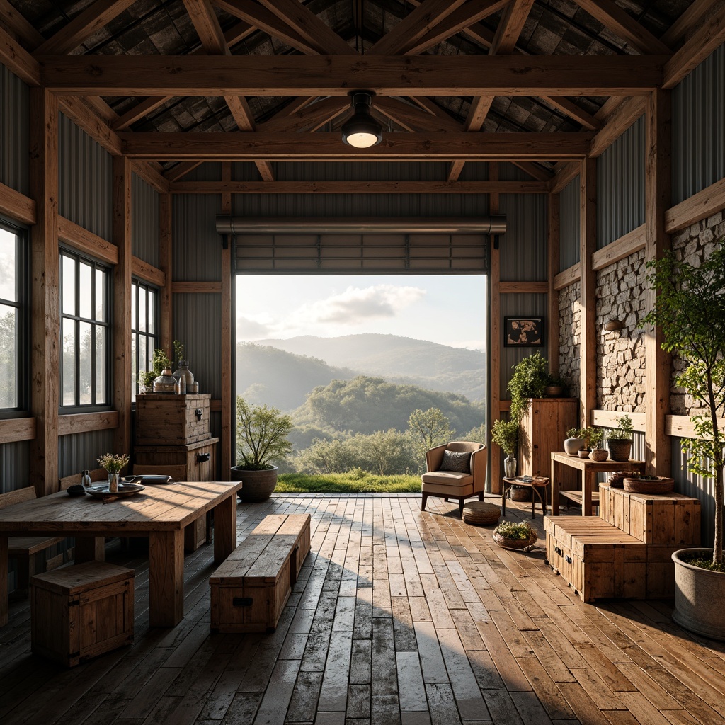 Prompt: Rustic steel-framed building, exposed beams, wooden accents, earthy tones, natural stone walls, metal roofing, industrial-style lighting, reclaimed wood floors, wooden crates, vintage decor, rural landscape, rolling hills, misty morning, warm soft lighting, shallow depth of field, 2/3 composition, realistic textures, ambient occlusion.