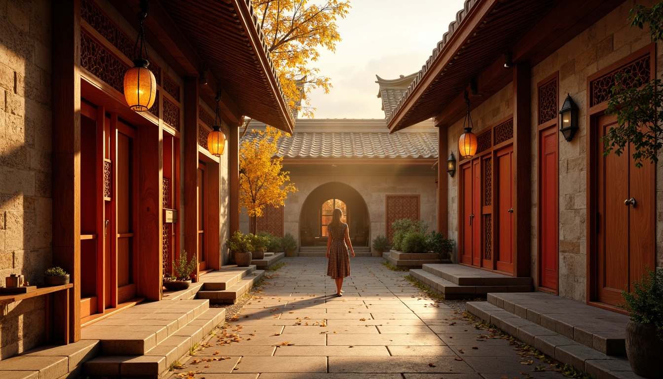 Prompt: Intricate wooden carvings, ornate lanterns, warm golden lighting, soft diffused glow, serene ambiance, tranquil atmosphere, traditional Asian architecture, tiered roofs, curved eaves, vibrant red doors, lacquered wood accents, natural stone flooring, subtle shadows, warm beige walls, gentle spotlighting, 1/1 composition, realistic textures, ambient occlusion.