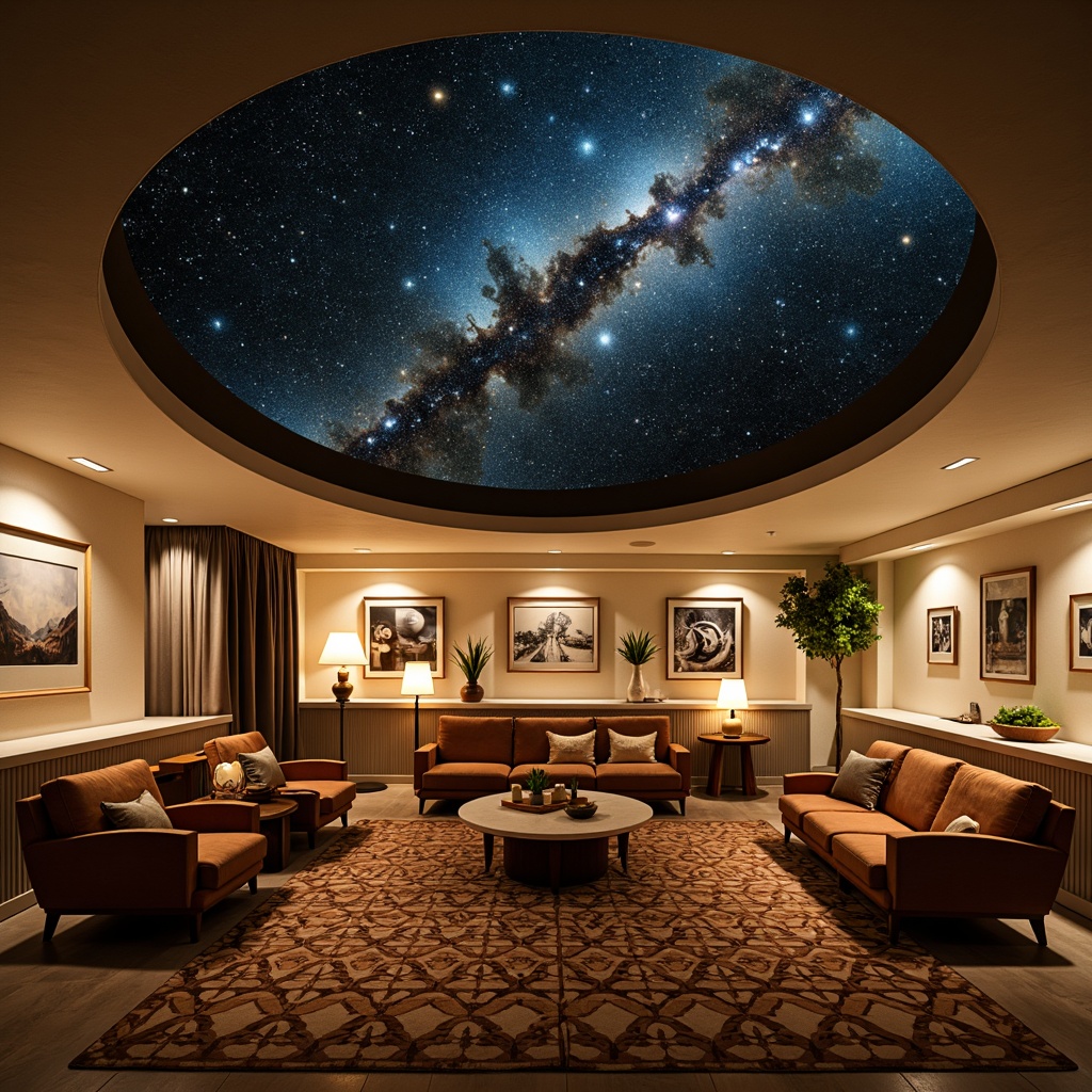 Prompt: Cosmic planetarium, mid-century modern furniture, sleek wooden chairs, tufted velvet sofas, geometric patterned rugs, minimalist coffee tables, atomic-inspired lamps, starry night sky, celestial bodies projections, ambient soft lighting, 3/4 composition, shallow depth of field, warm beige walls, polished metal accents, retro-futuristic decor, constellation patterns, rounded edges, organic shapes, vintage astronomy instruments.