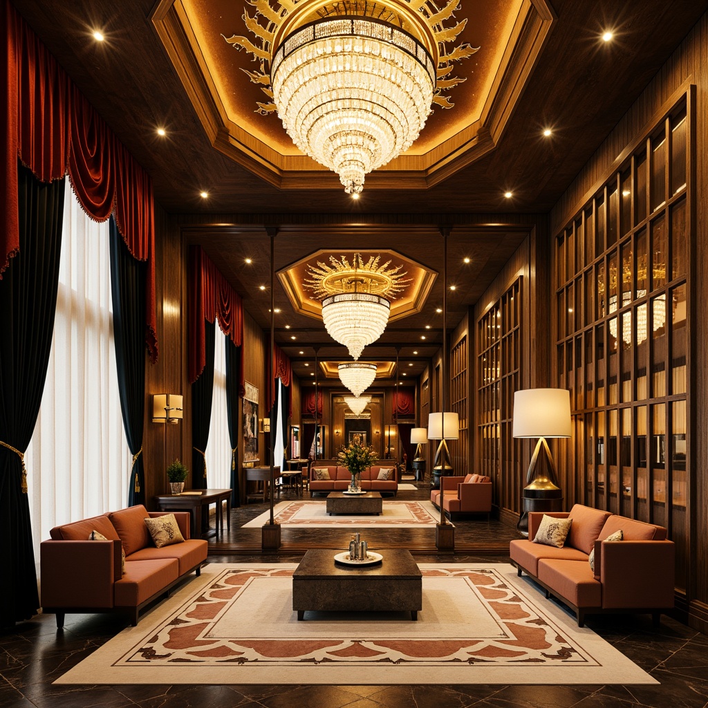 Prompt: Luxurious Art Deco interior, ornate golden accents, geometric patterns, chevron designs, sunburst motifs, lavish furnishings, velvet drapes, crystal chandeliers, marble floors, metallic leafing, opulent textiles, bold color schemes, glamorous ambiance, high-contrast lighting, dramatic shadows, 1/1 composition, symmetrical framing, soft focus, ornate mirrors, intricately carved wood, metallic inlays, lavish ornaments.