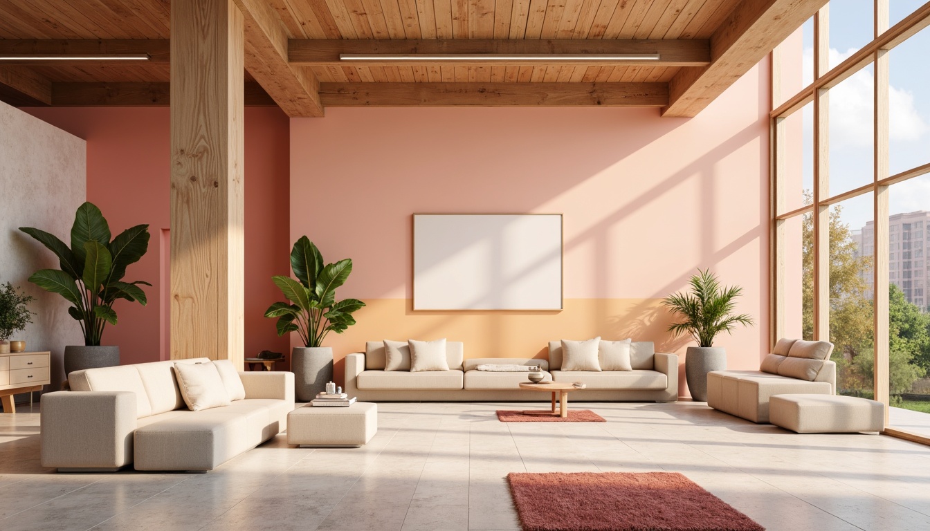 Prompt: Vibrant modern interior, trendy color scheme, pastel hues, soft peach tones, calming beige accents, rich wood textures, sleek metal fixtures, elegant minimalist decor, natural light pouring in, airy open space, 1/1 composition, shallow depth of field, warm softbox lighting.