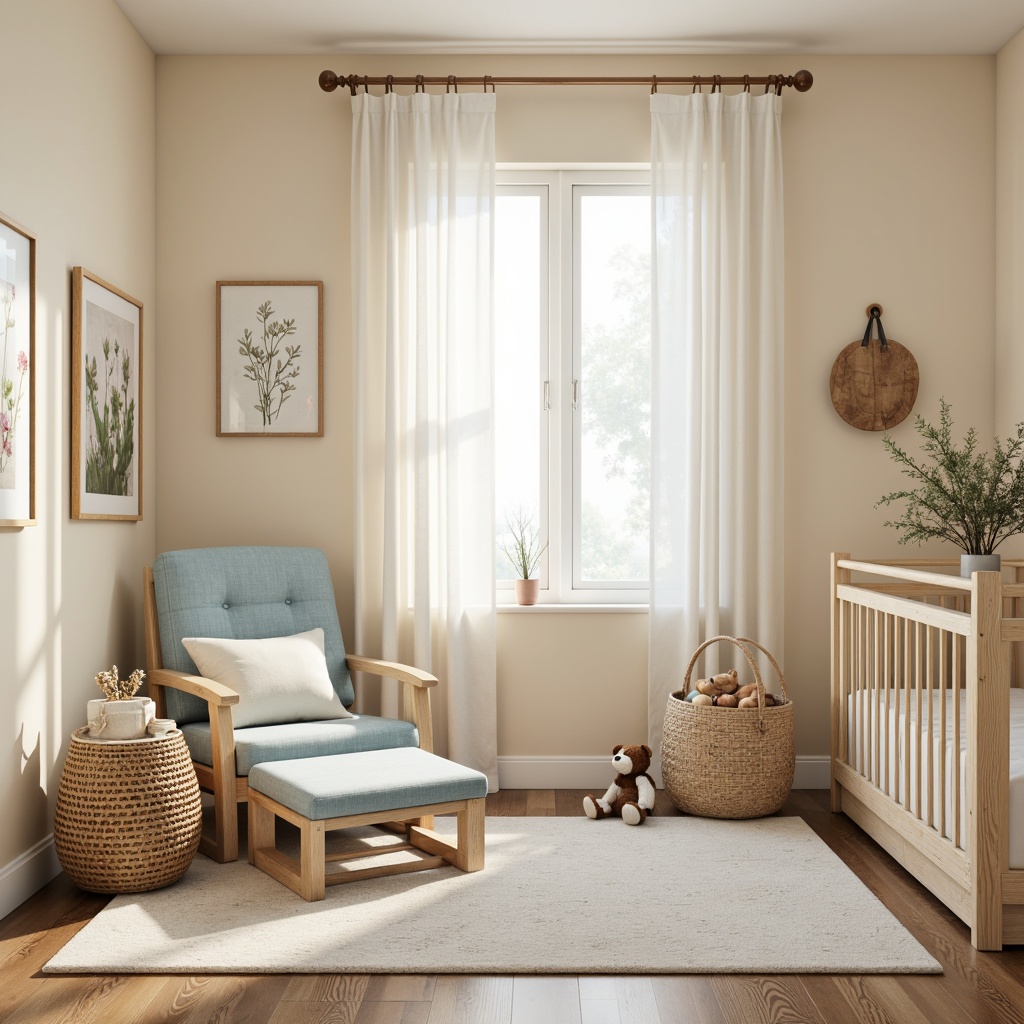 Prompt: Soft pastel hues, gentle nursery atmosphere, cream-colored walls, pale blue furniture, delicate floral patterns, warm beige accents, plush toys, cozy reading nook, natural wood crib, serene white curtains, subtle texture variations, warm golden lighting, shallow depth of field, 1/1 composition, intimate close-up shots, realistic fabric textures, ambient occlusion.