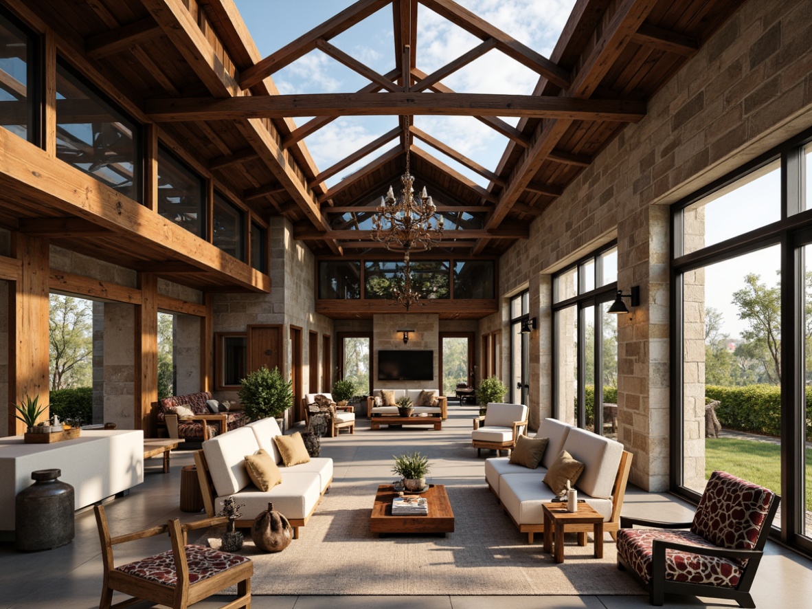 Prompt: Rustic steel-framed buildings, reclaimed wood accents, earthy tones, natural stone walls, exposed ductwork, industrial chic decor, open floor plans, large windows, sliding glass doors, clerestory windows, high ceilings, wooden beams, metal trusses, distressed finishes, vintage decorative elements, cozy nooks, plush furnishings, warm ambient lighting, soft shadows, shallow depth of field, 3/4 composition, panoramic view, realistic textures, ambient occlusion.