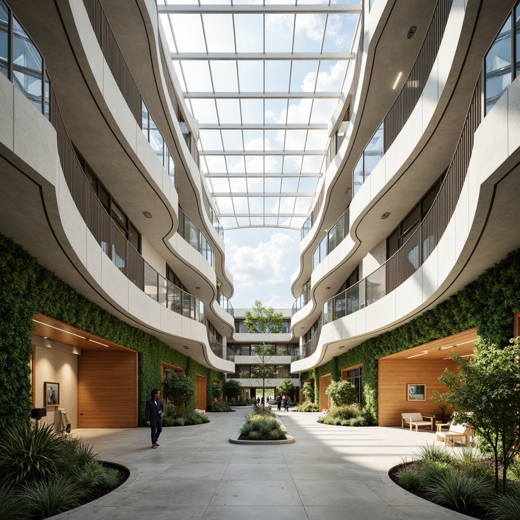 Prompt: Spacious atrium, natural ventilation, abundant daylight, minimal ornamentation, sleek lines, curved staircases, open floor plans, flexible partitions, acoustic ceiling panels, polished concrete floors, warm wooden accents, vibrant green walls, calming water features, serene ambiance, soft diffused lighting, 1/1 composition, realistic materials, subtle texture variations.