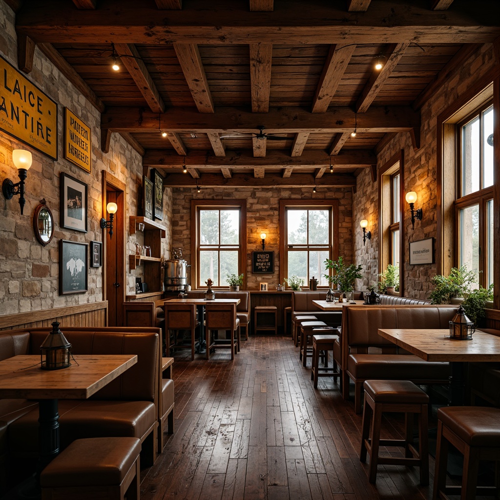 Prompt: Rustic pub interior, wooden accents, vintage signs, distressed finishes, metal lanterns, stone walls, reclaimed wood tables, leather stools, natural textiles, earthy tones, warm candlelight, soft focus, shallow depth of field, 1/2 composition, atmospheric misting, rich wood grains, ornate metalwork, eclectic decor, nature-inspired patterns.