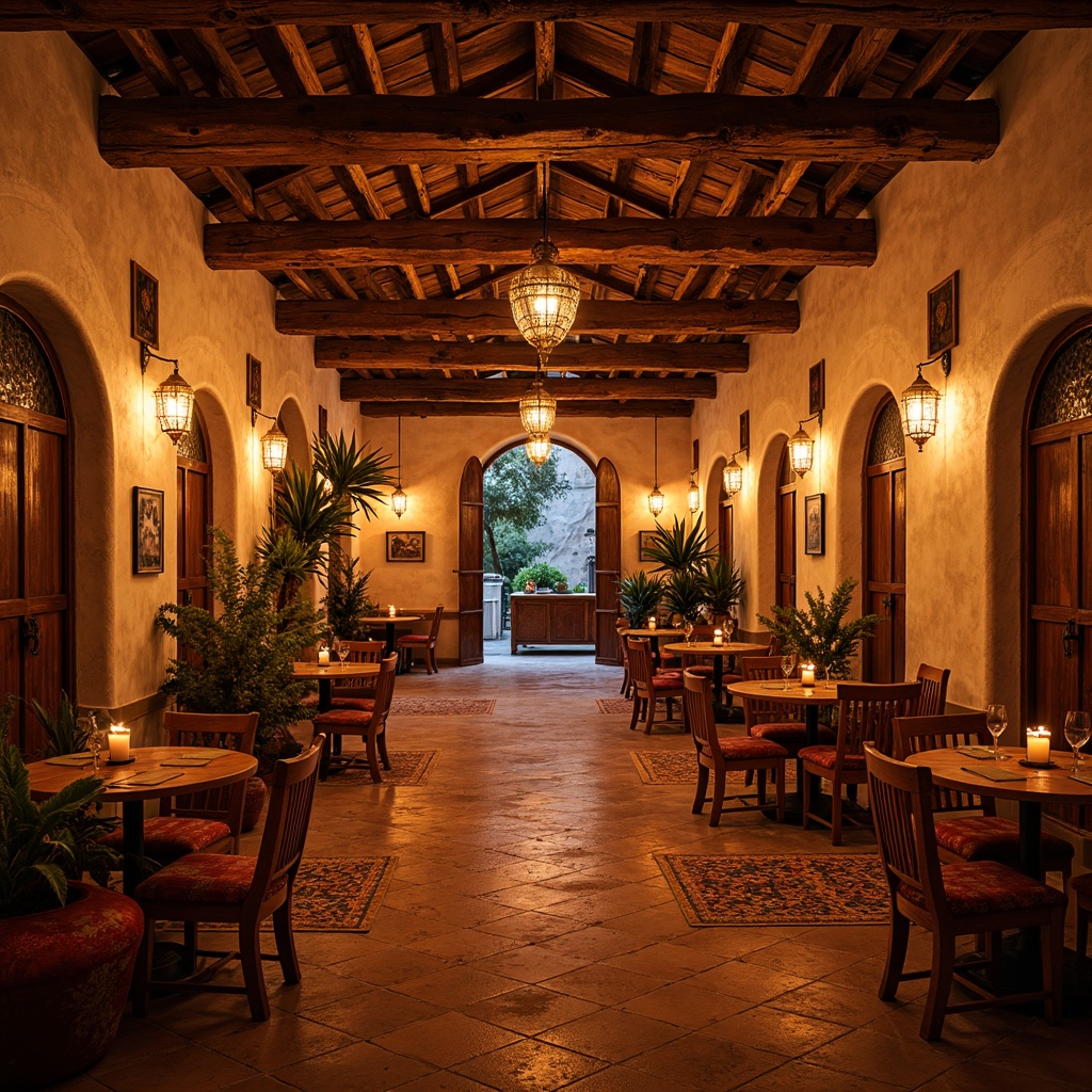 Prompt: Warm Mediterranean music venue, rustic stone walls, wooden accents, dimmable lanterns, soft warm lighting, golden hour ambiance, intimate seating areas, curved archways, ornate ironwork, vibrant colorful textiles, Moroccan-inspired tiles, ambient occlusion, shallow depth of field, 3/4 composition, panoramic view, realistic textures.