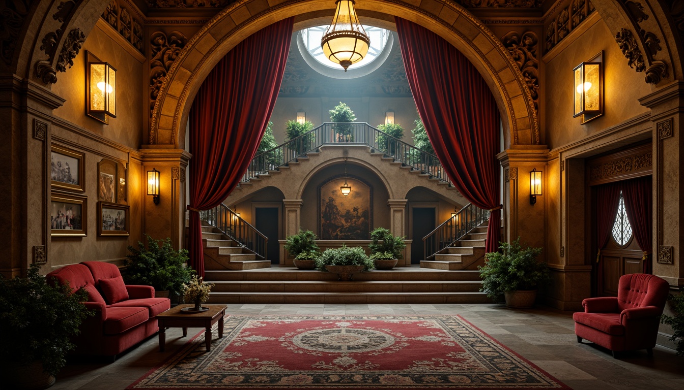 Prompt: Richly ornamented basement, intricate stone carvings, grandiose chandeliers, lavish furnishings, opulent velvet drapes, ornate gilded frames, majestic archways, luxurious marble floors, dramatic staircases, rustic wooden accents, mysterious dim lighting, warm golden tones, highly detailed textures, 1/2 composition, low-angle shot, cinematic atmosphere.