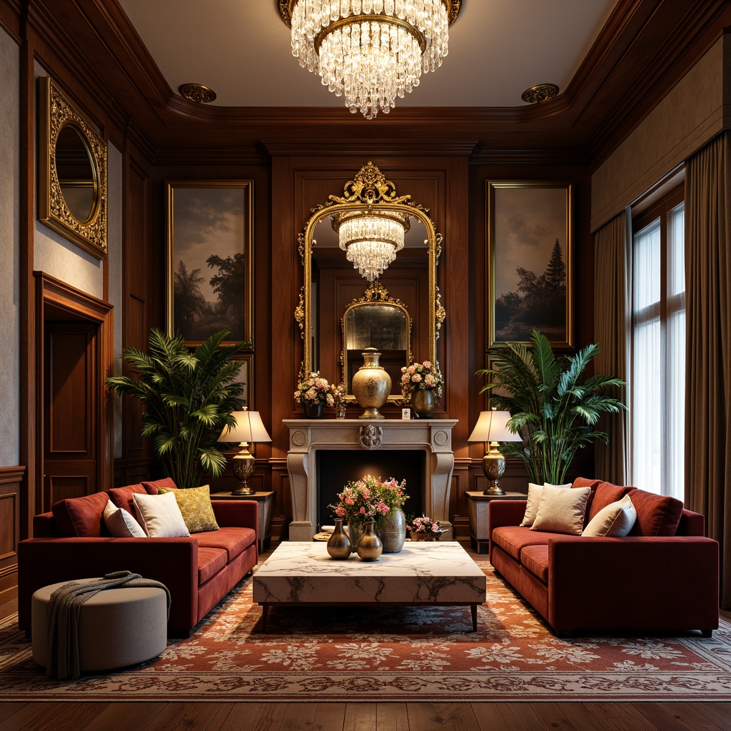 Prompt: Luxurious living room, lavish furniture, velvet sofas, marble coffee tables, crystal chandeliers, ornate mirrors, gilded frames, rich wood paneling, plush area rugs, soft warm lighting, atmospheric ambiance, elegant decorative accents, bronze vases, exotic plants, artistic sculptures, luxurious textiles, subtle sheen, refined details, harmonious color palette, 1/1 composition, intimate atmosphere.