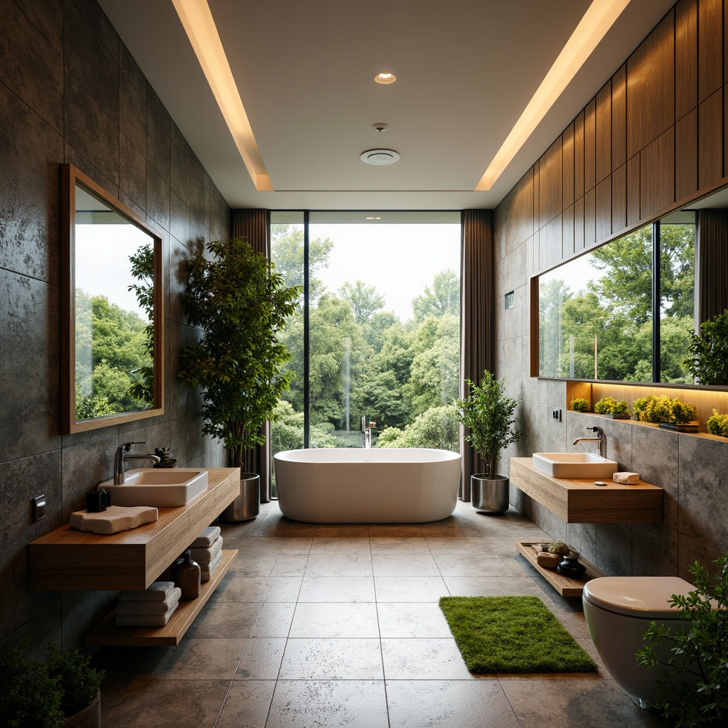 Prompt: Futuristic bathroom interior, eco-friendly materials, recycled glass tiles, low-flow showerheads, dual-flush toilets, water-conserving sinks, LED lighting, solar-powered ventilation systems, sleek minimalist design, angular lines, metallic accents, chrome fixtures, large mirrors, natural stone countertops, bamboo flooring, living green walls, ambient occlusion, soft warm lighting, shallow depth of field, 3/4 composition, panoramic view.