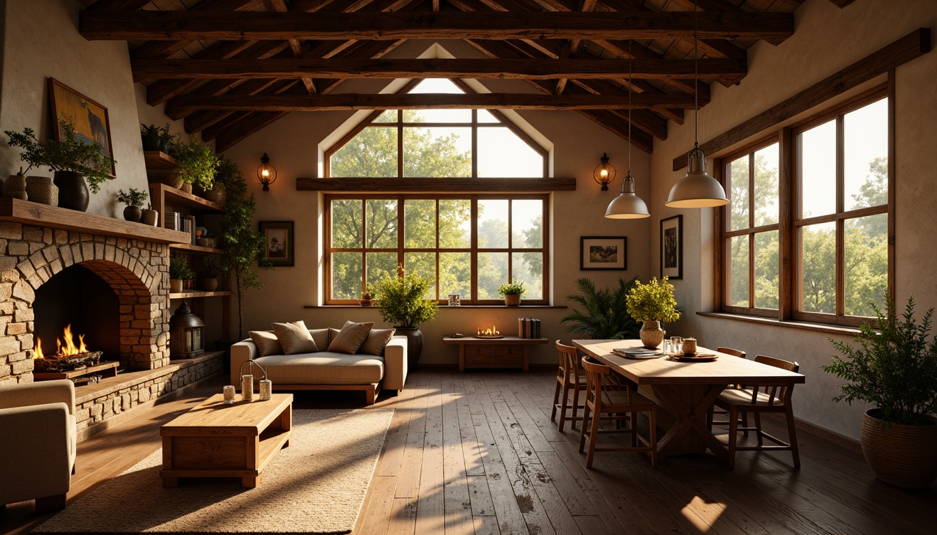 Prompt: Rustic farmhouse interior, warm golden lighting, soft candle glow, vintage metal lanterns, wooden beams, natural stone walls, earthy color palette, distressed wood furniture, woven textiles, cozy reading nooks, large windows, gentle morning light, warm afternoon sunbeams, dimmed pendant lights, layered lighting effects, 1/2 composition, intimate ambiance, realistic shadows, ambient occlusion.