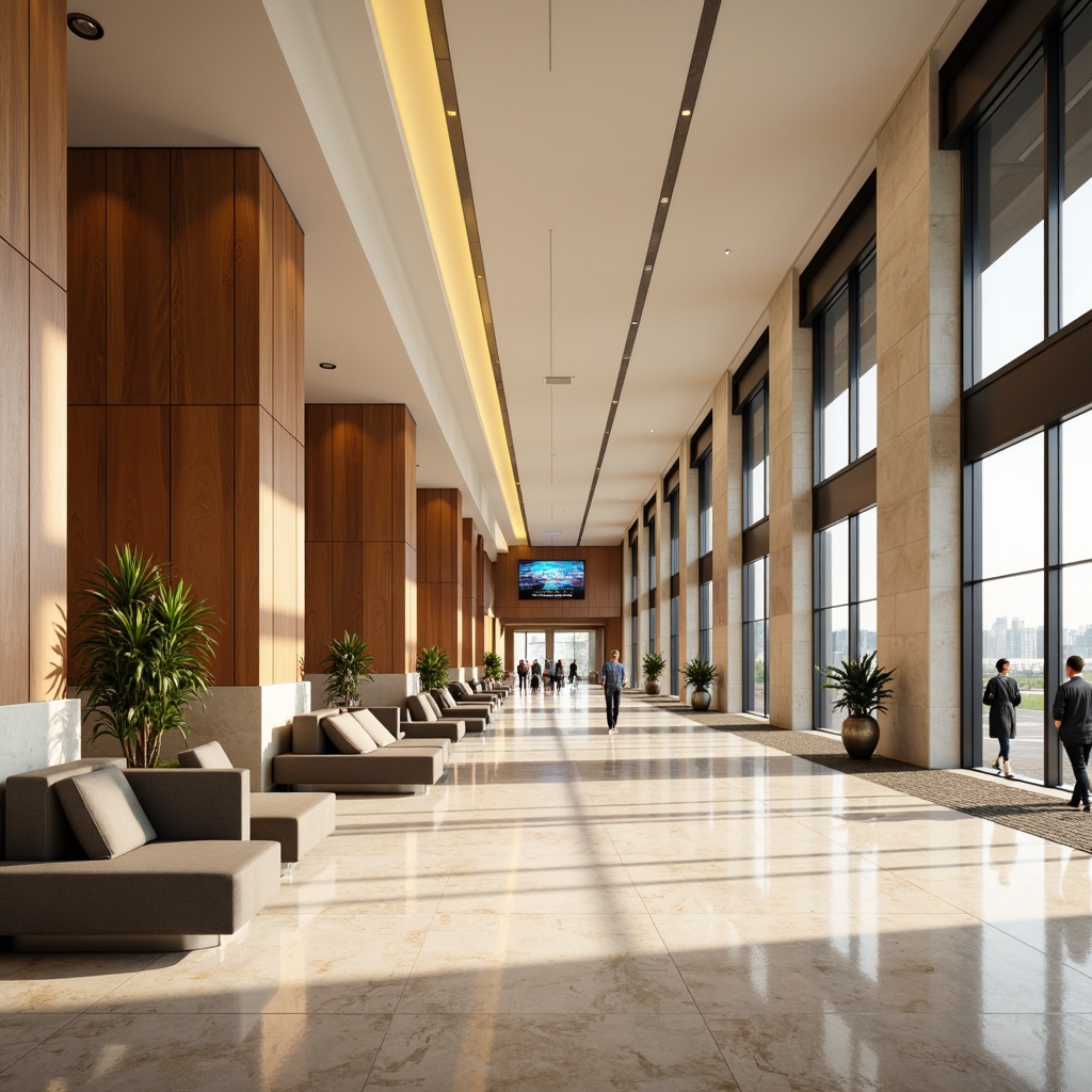 Prompt: Polished marble floors, warm beige walls, sleek metal accents, modern airport signage, large windows, natural light, airy high ceilings, comfortable waiting areas, luxurious lounge seating, sophisticated lighting fixtures, elegant wooden paneling, subtle curve lines, minimal ornamentation, calm color palette, soft ambient illumination, 1/1 composition, realistic reflections, detailed textures.