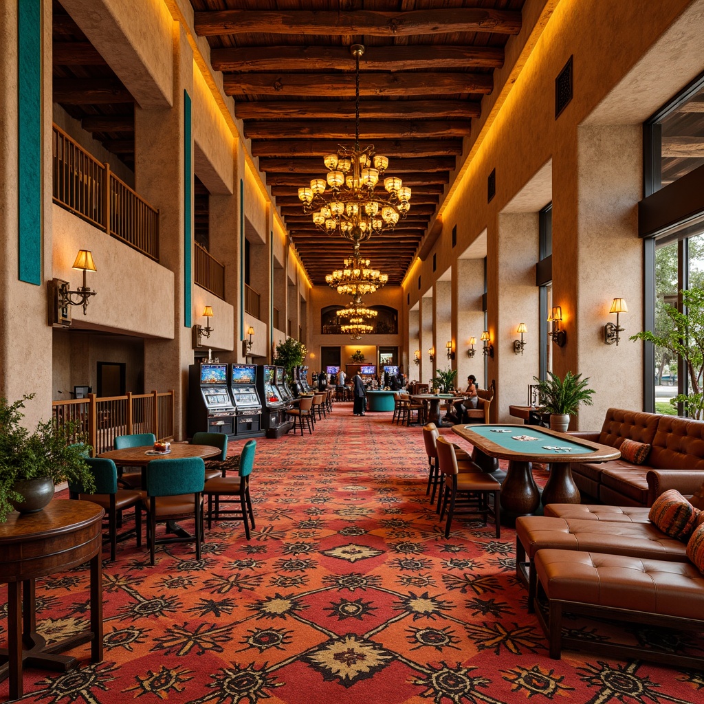 Prompt: Southwestern-style casino, vibrant turquoise accents, rustic wooden furniture, ornate metalwork, plush velvet upholstery, geometric patterned rugs, warm golden lighting, stately stone columns, adobe-inspired architecture, majestic wooden ceilings, lavish chandeliers, natural fiber wall coverings, earthy tone color palette, bold red and orange hues, Navajo-inspired textiles, distressed leather armchairs, antique bronze fixtures, spacious gaming areas, luxurious VIP lounges, modern slot machines, elegant poker tables.