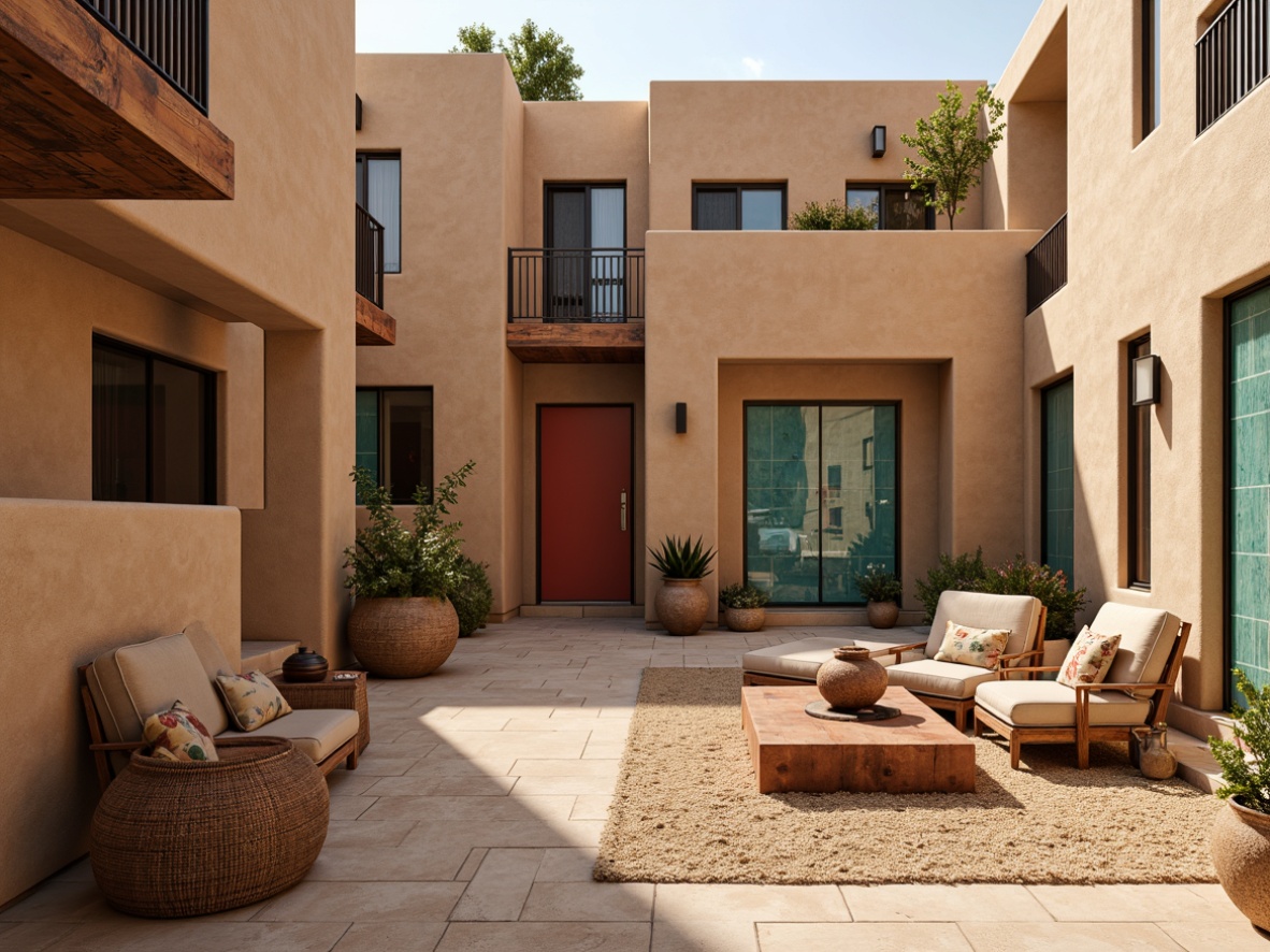 Prompt: Earthy southwestern apartments, warm beige stucco exteriors, rustic wooden accents, turquoise glass tile inlays, vibrant coral-hued doors, sandy dune-inspired flooring, distressed leather furniture, woven wicker textiles, natural fiber rugs, desert botanical prints, terracotta pottery, warm golden lighting, shallow depth of field, 1/1 composition, intimate courtyard views, realistic adobe textures, ambient occlusion.