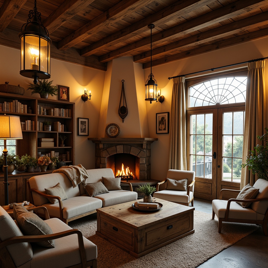 Prompt: Rustic French country style, soft warm glow, distressed wood beams, vintage metal lanterns, mercury glass pendant lights, ornate iron chandeliers, candles in apothecary jars, linen shades, natural fiber textiles, earthy color palette, warm beige walls, stone fireplaces, cozy reading nooks, intimate ambiance, golden hour lighting, softbox lighting, 1/2 composition, realistic textures, ambient occlusion.