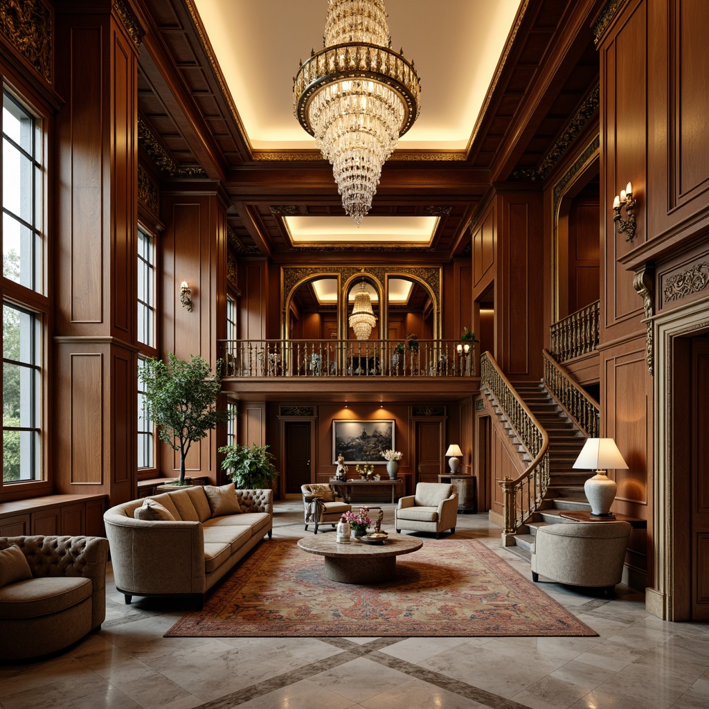 Prompt: Luxurious living room, ornate moldings, intricate carvings, golden accents, rich wood tones, velvet upholstery, crystal chandeliers, marble floors, high ceilings, grand staircase, lavish furnishings, opulent fabrics, warm ambient lighting, soft shadows, 1/2 composition, shallow depth of field, realistic textures, detailed render.