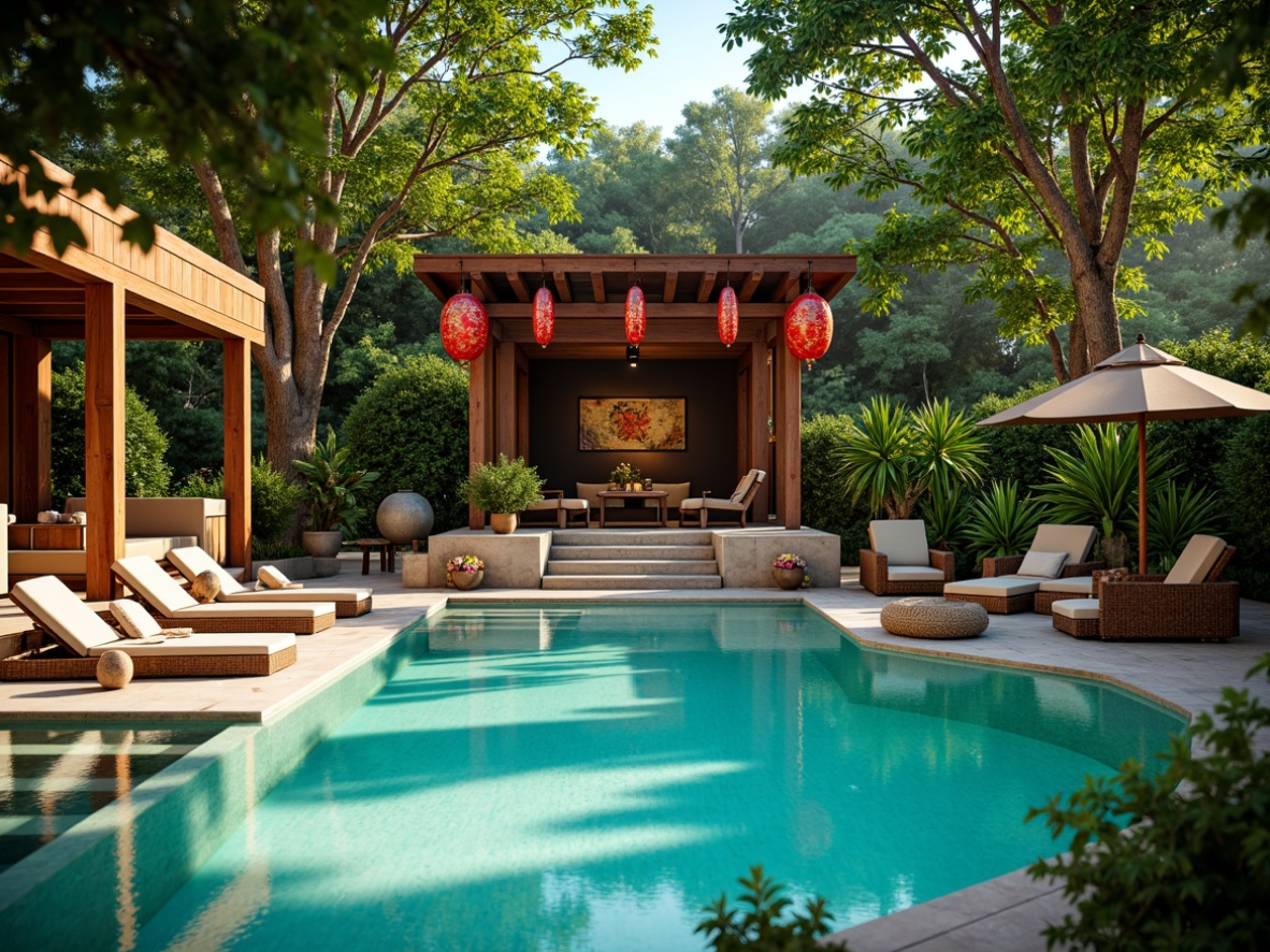 Prompt: Vibrant turquoise pool water, natural stone surroundings, lush greenery, tropical plants, Asian-inspired architecture, intricately carved wooden accents, bold red lanterns, exotic patterned textiles, woven wicker furniture, plush outdoor cushions, soft warm lighting, shallow depth of field, 3/4 composition, panoramic view, realistic textures, ambient occlusion.